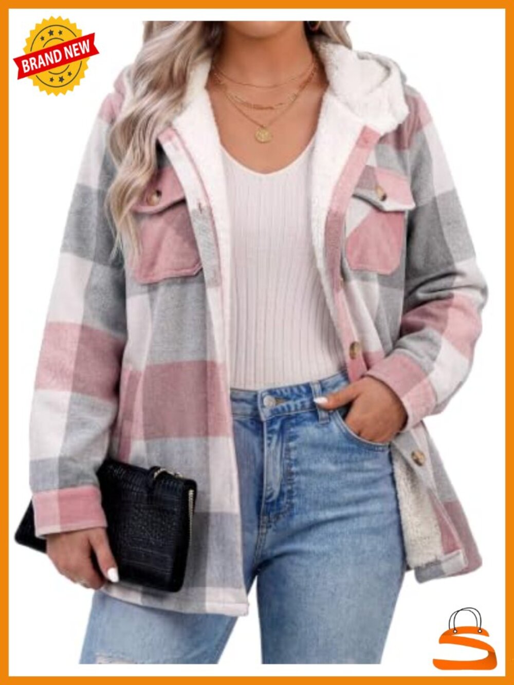 Womens Plus Size Plaid Shacket Fleece Hooded Button Down Flannel Jacket